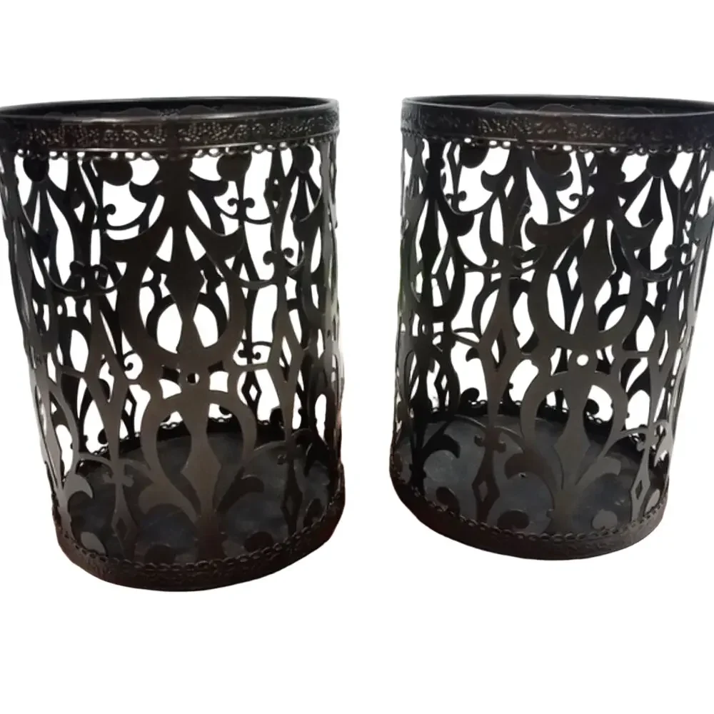 Set of 2 Black Iron Burnout Pillar Candle Holders